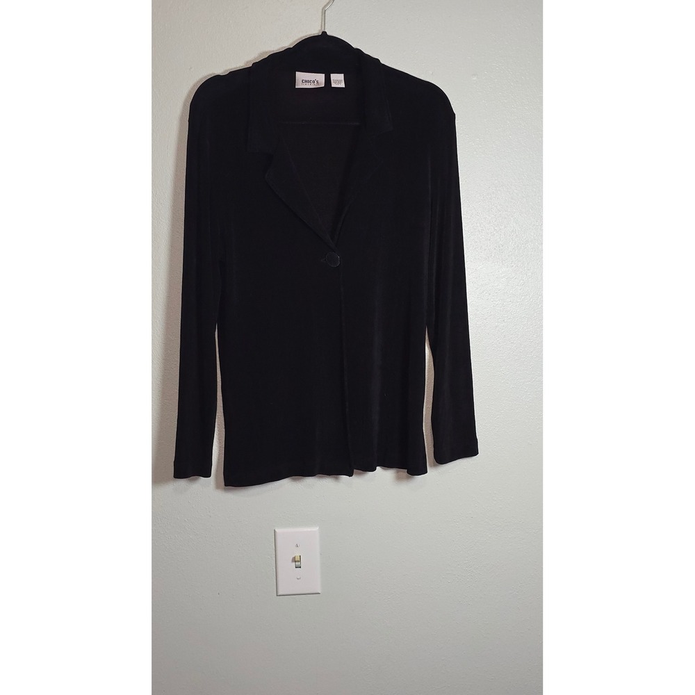 Chicos Travelers Black Single Button Slinky Knit Cardigan Jacket Size 1 M